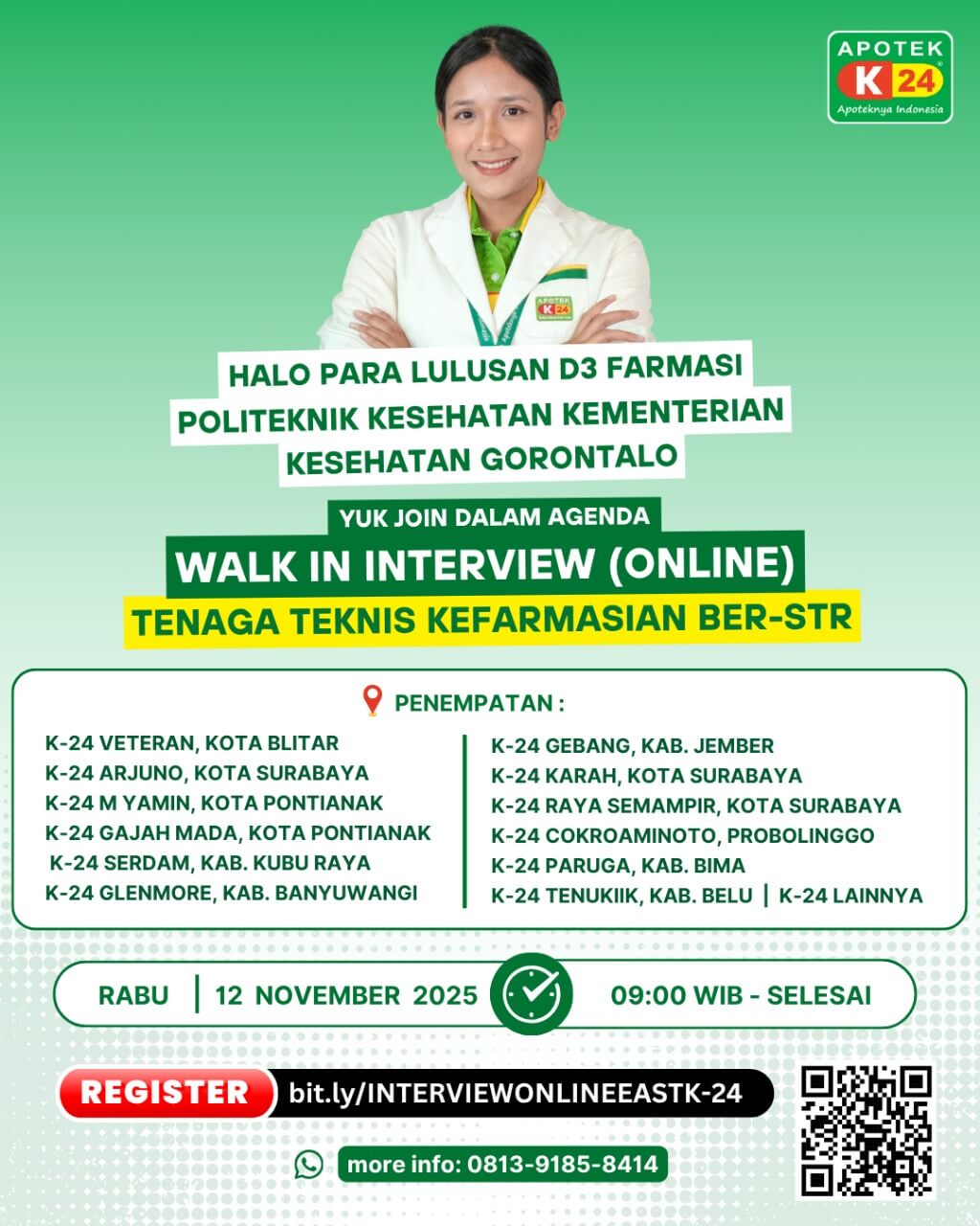 Apotek K-24 Buka Peluang Karier TTK di Berbagai Kota, Gelar Interview Online 12 November